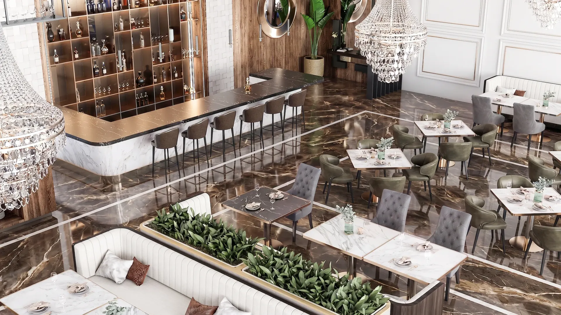 Contemporary dining room with marble bar, planted banquettes and crystal lighting