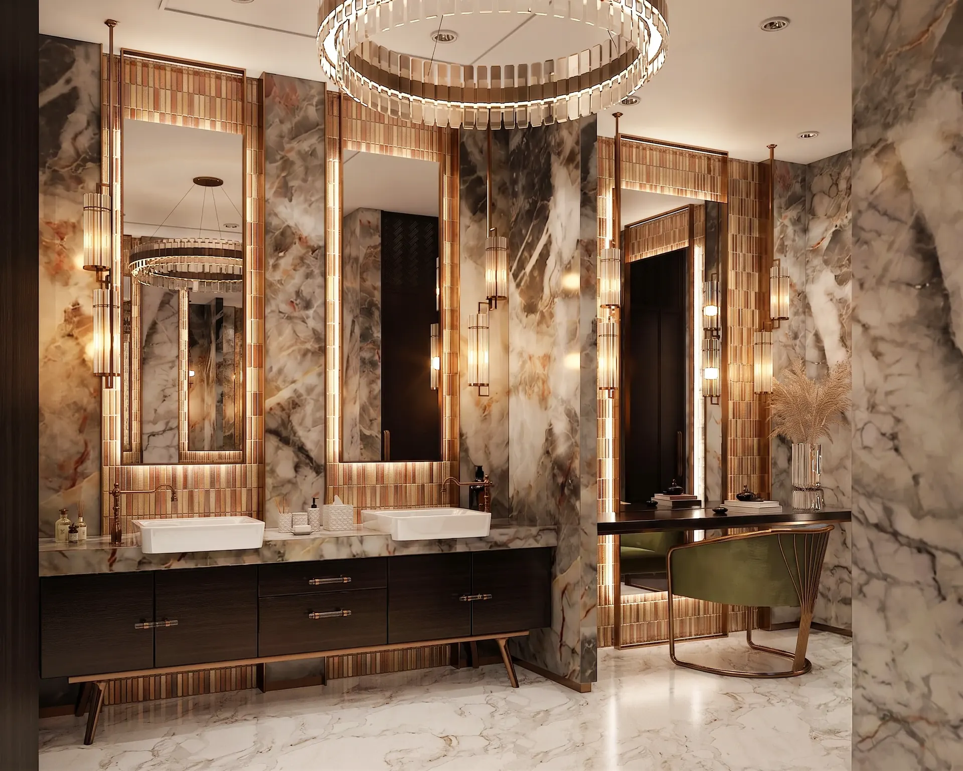 Layered marble vanity interior with bronze lighting and dark bespoke cabinetry