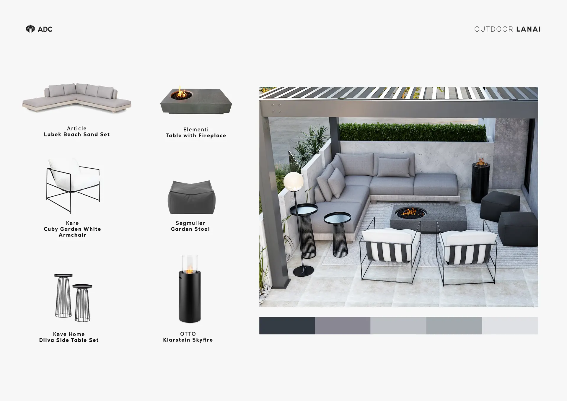 Outdoor lanai concept board with furniture, accessories, rendered layout and color palette