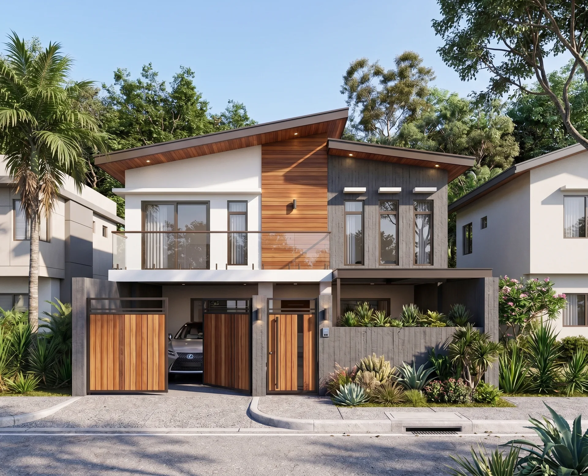 Contemporary two-storey residence with warm timber cladding and deep roof planes