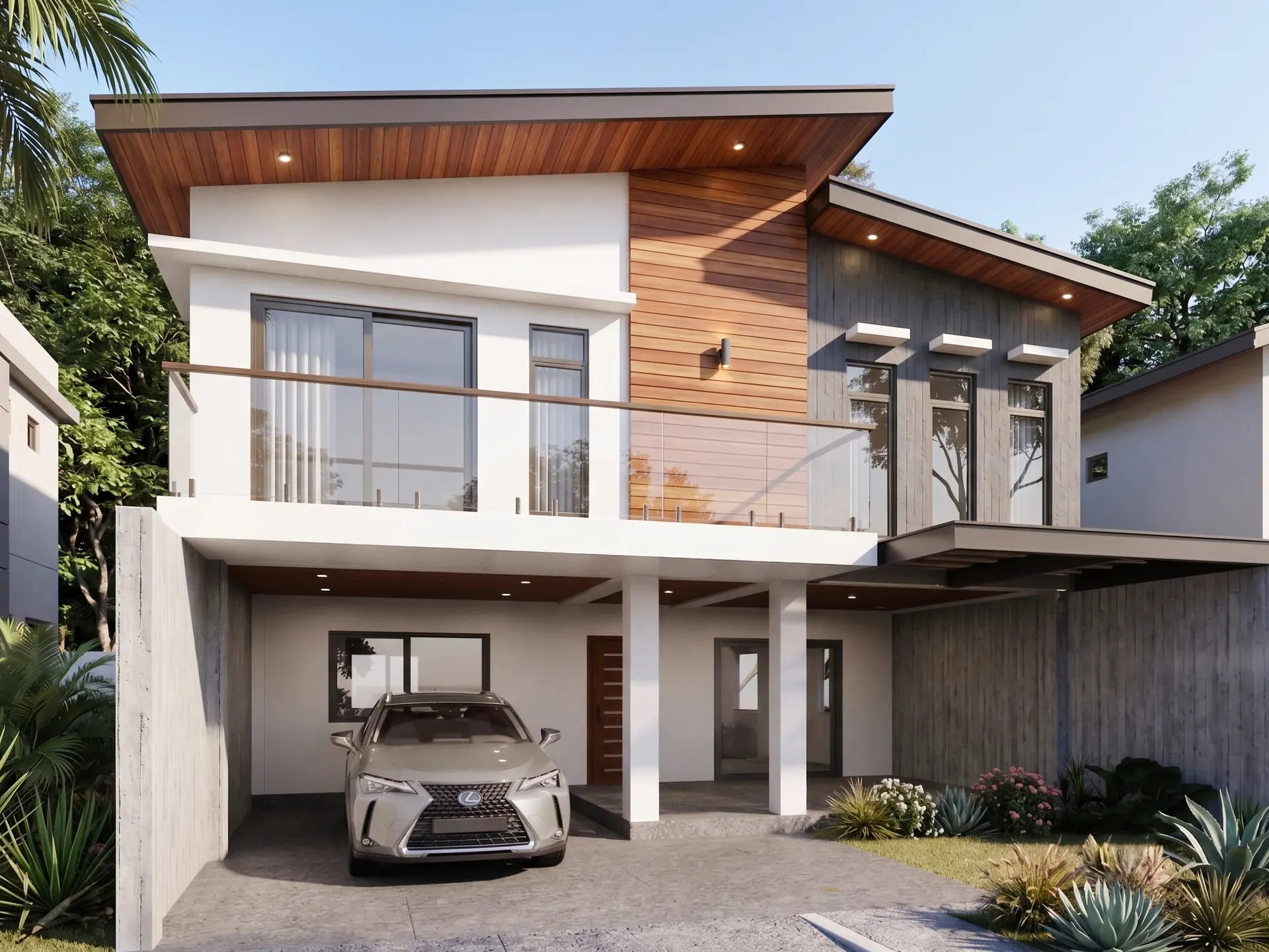 Contemporary two-storey residence with warm timber cladding and deep roof planes