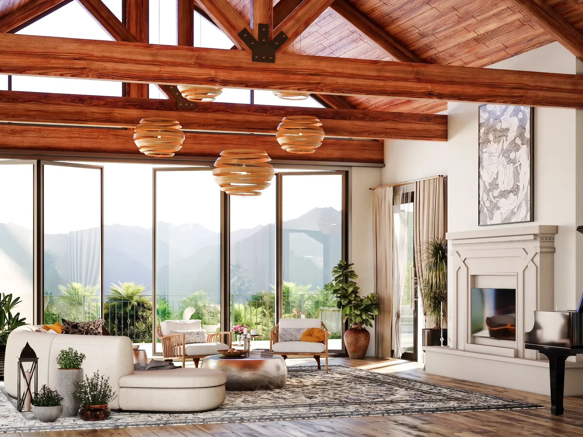 Resolved interior visualization showing timber roof structure, fireplace and panoramic glazing