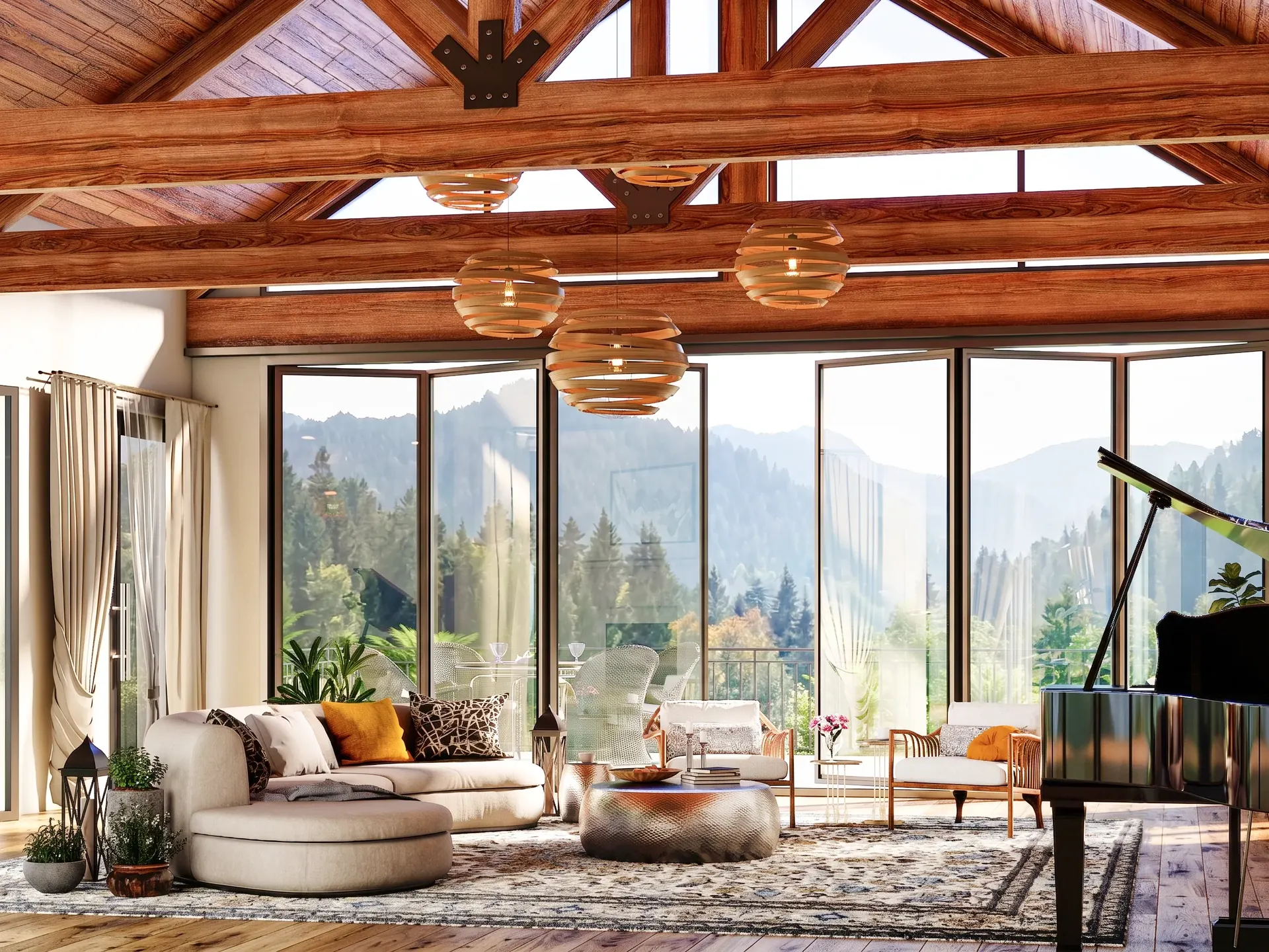 Sunlit lounge beneath exposed timber trusses with panoramic mountain views